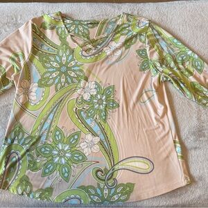 Allison Daley Green and Cream Paisley Long Sleeve Top (3/4 sleeve)